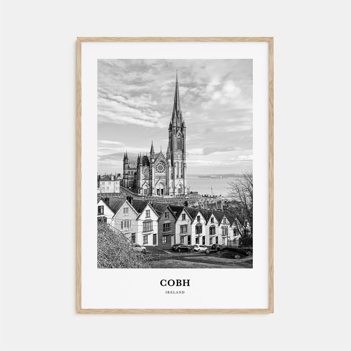 Cobh Ireland St Colmans Cathedral Above Harbor Black and White Poster