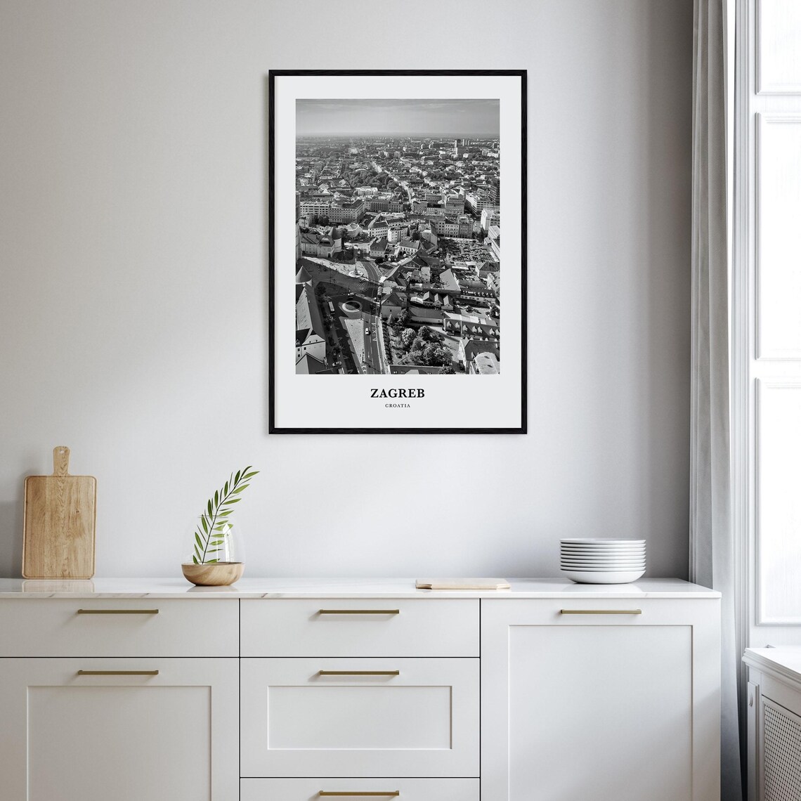 Zagreb Croatia Old Town Square Aerial Black and White Poster - Image 2
