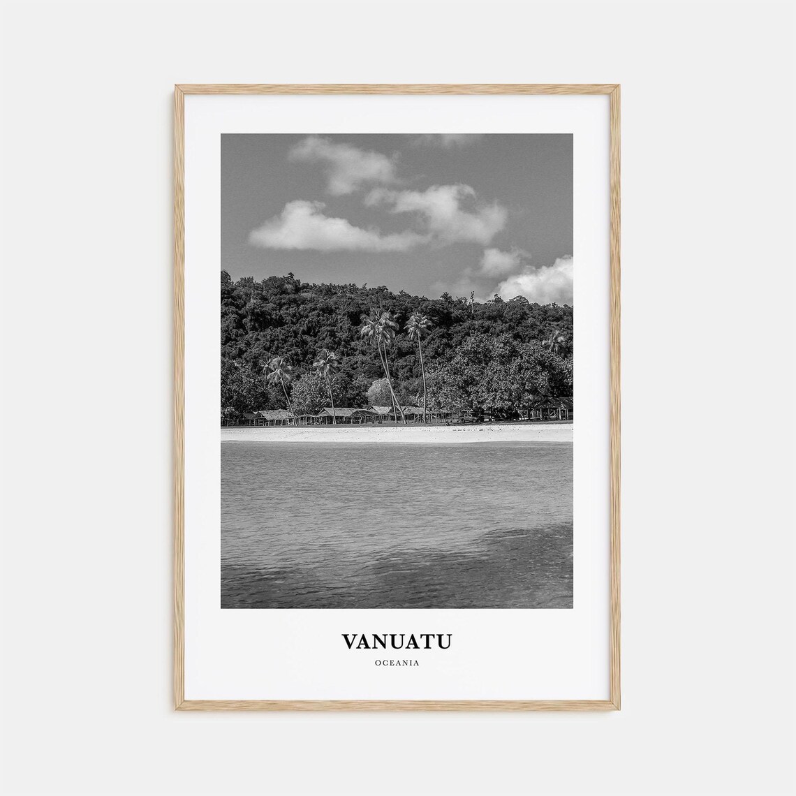 Vanuatu Oceania Tropical Beach Palms Ocean Black White Travel Poster