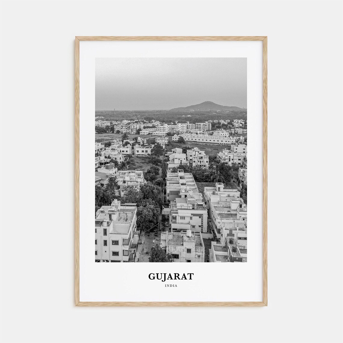 Gujarat India Cityscape Hills Black and White Aerial Photo Poster