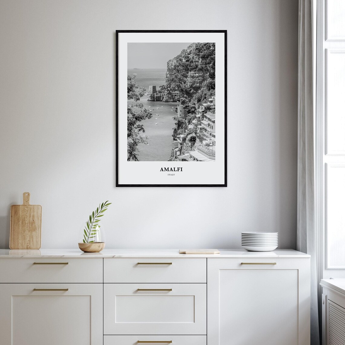 Amalfi Coast Cliffside Village Black and White Italy Travel Poster - Image 2