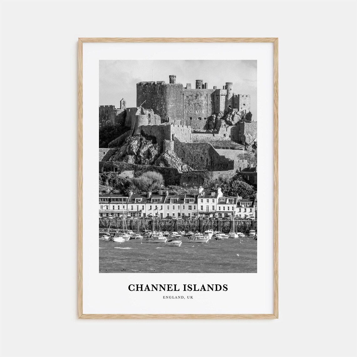 Channel Islands Mont Orgueil Castle Harbor Black White Travel Poster