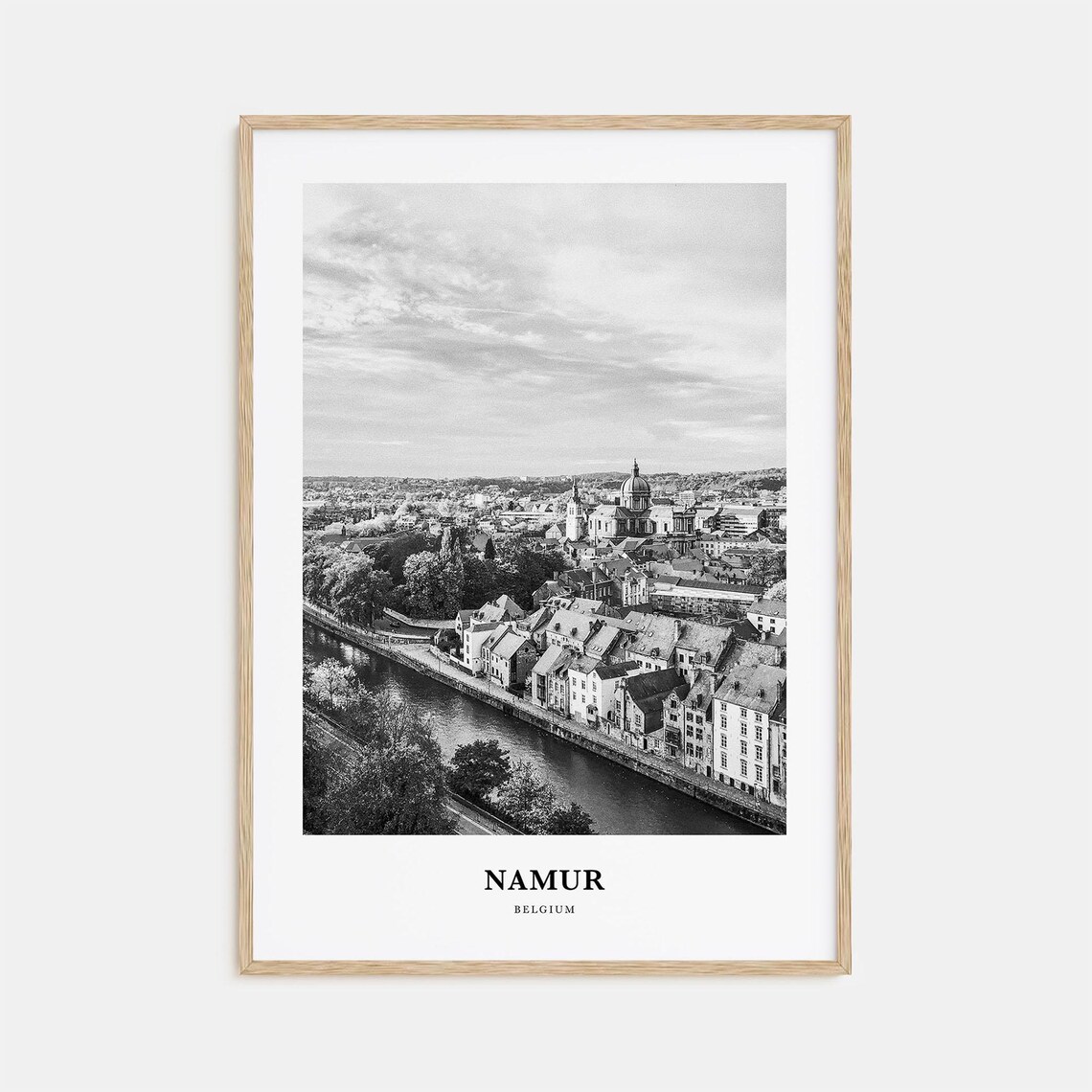 Namur Belgium Riverside Old Town Aerial Black And White Travel Poster