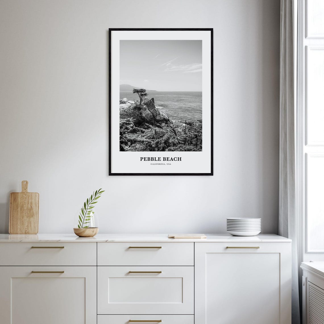 Pebble Beach California Lone Cypress Cliff Black and White Poster - Image 2