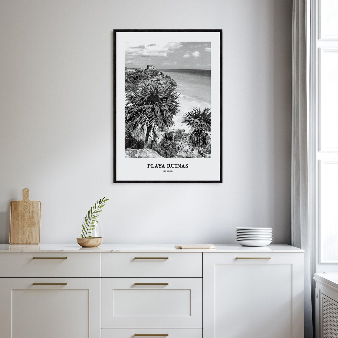 Tulum Mayan Ruins Cliffside Caribbean Beach Black and White Poster - Image 2