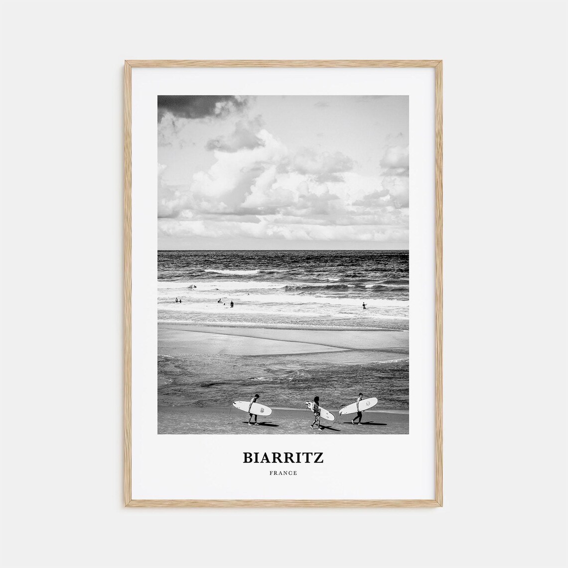 Biarritz France Surfers Atlantic Beach Day Black and White Poster