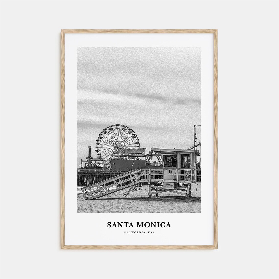 Santa Monica California Pier Ferris Wheel Black White Beach Photo Poster