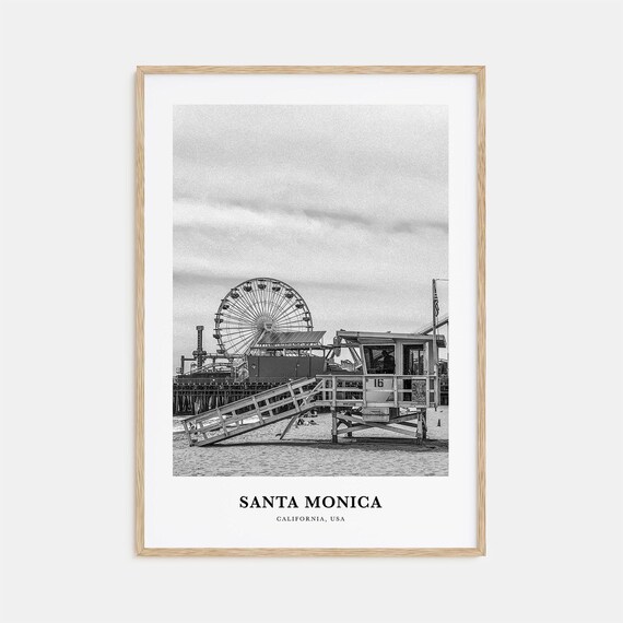 Santa Monica California Pier Ferris Wheel Black White Beach Photo Poster