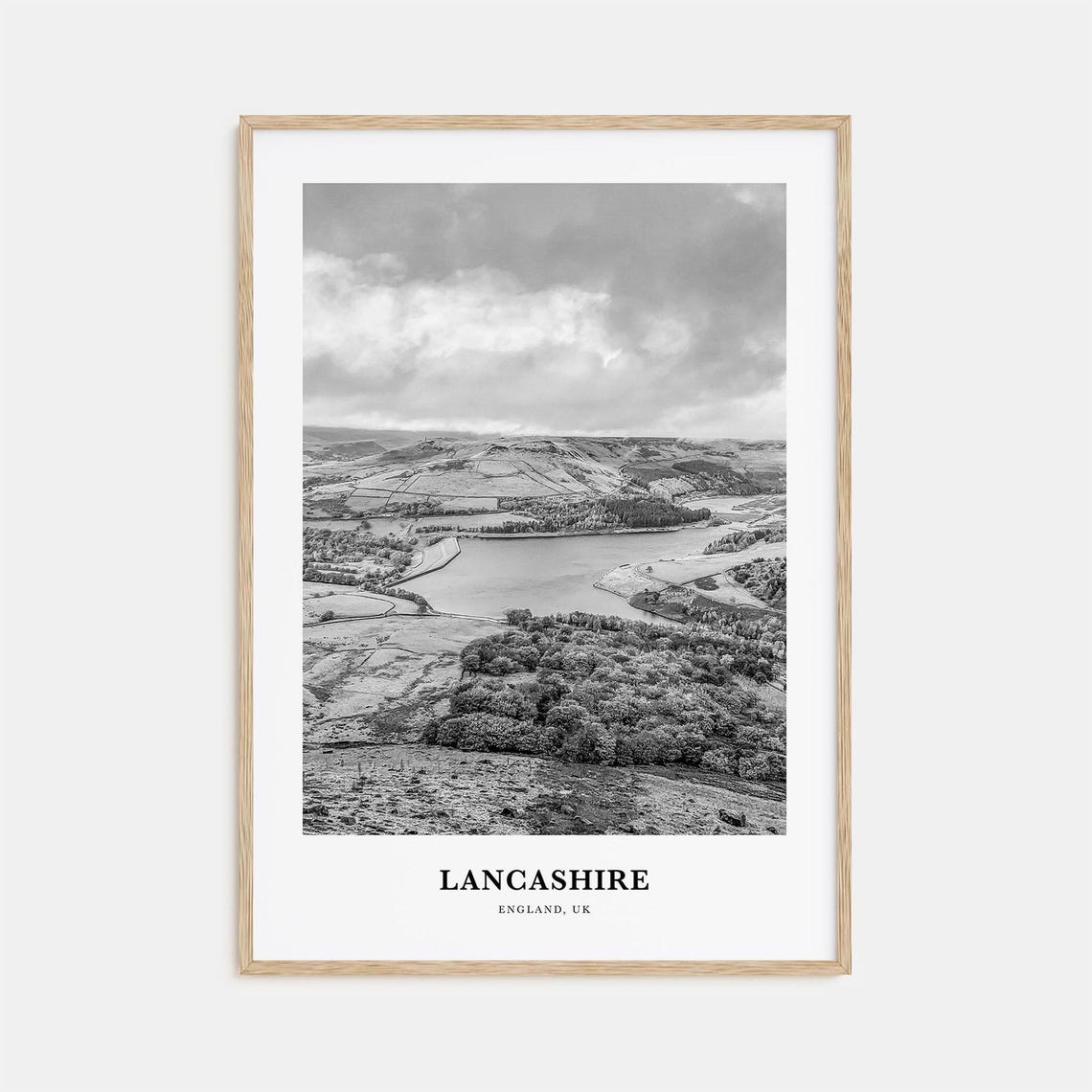 Lancashire England Moorland Reservoir Black And White Travel Poster