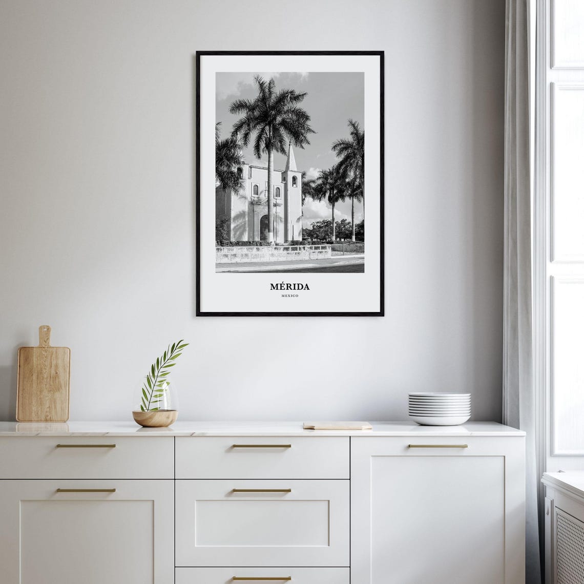 Merida Mexico Colonial Church Palm Trees Black And White Poster - Image 2