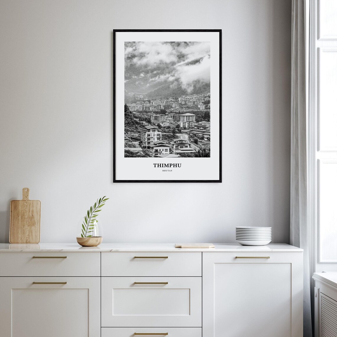 Thimphu Bhutan Mountain City Clouds Black and White Travel Poster - Image 2