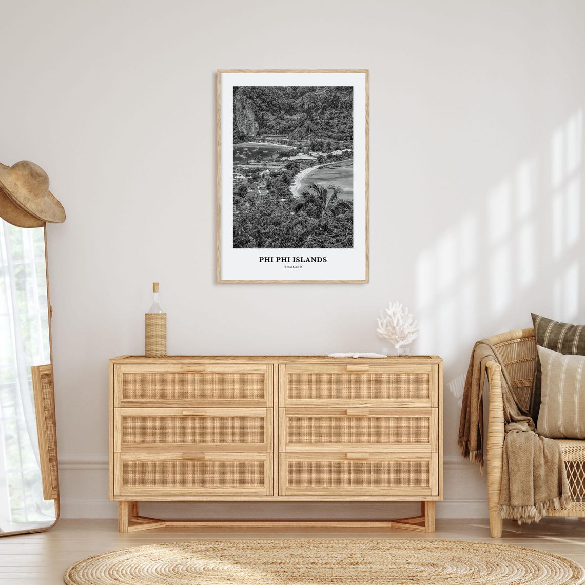Phi Phi Islands Thailand Bay Cliffs Beach Black and White Poster - Image 3
