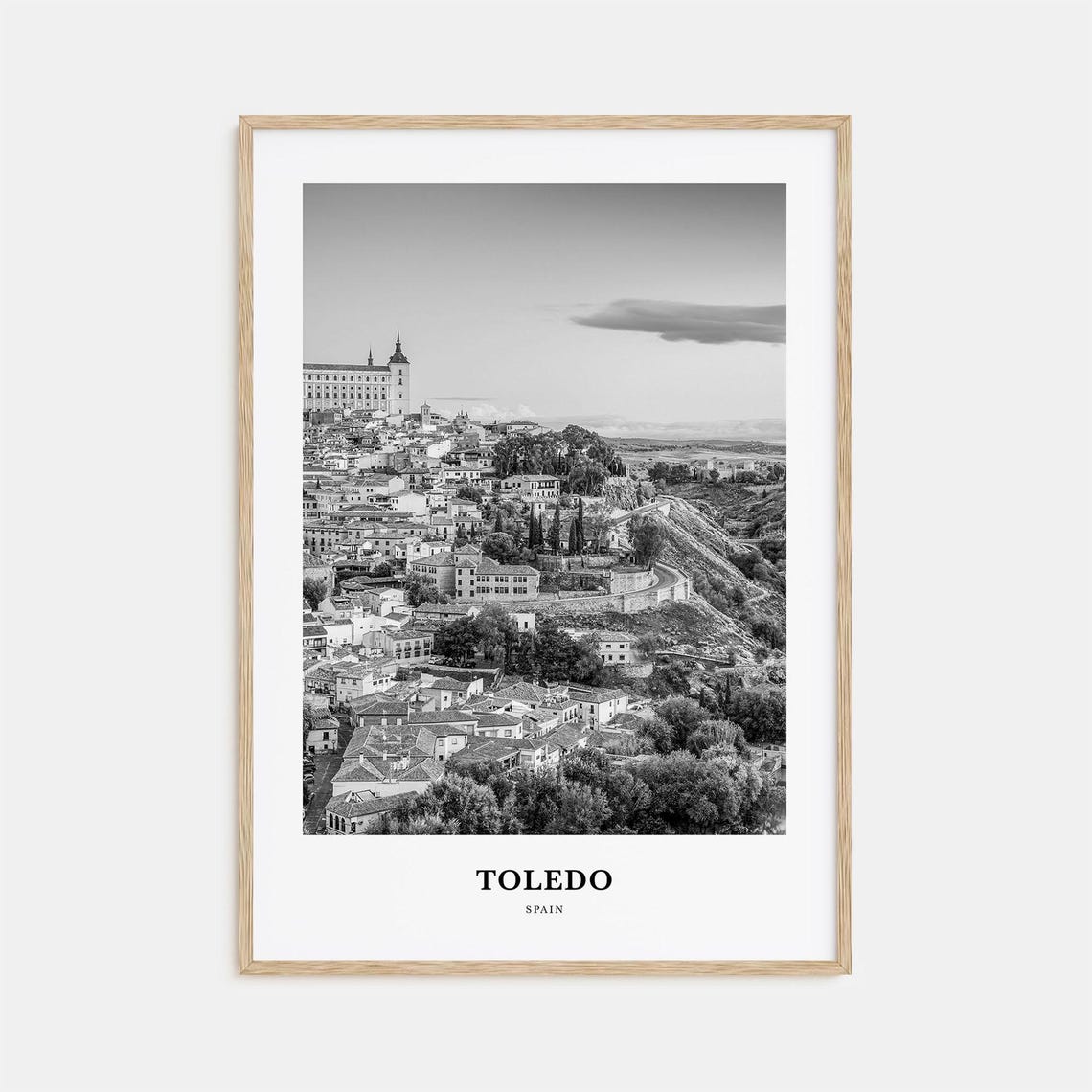 Toledo Spain Hilltop Old Town View Black and White Travel Poster