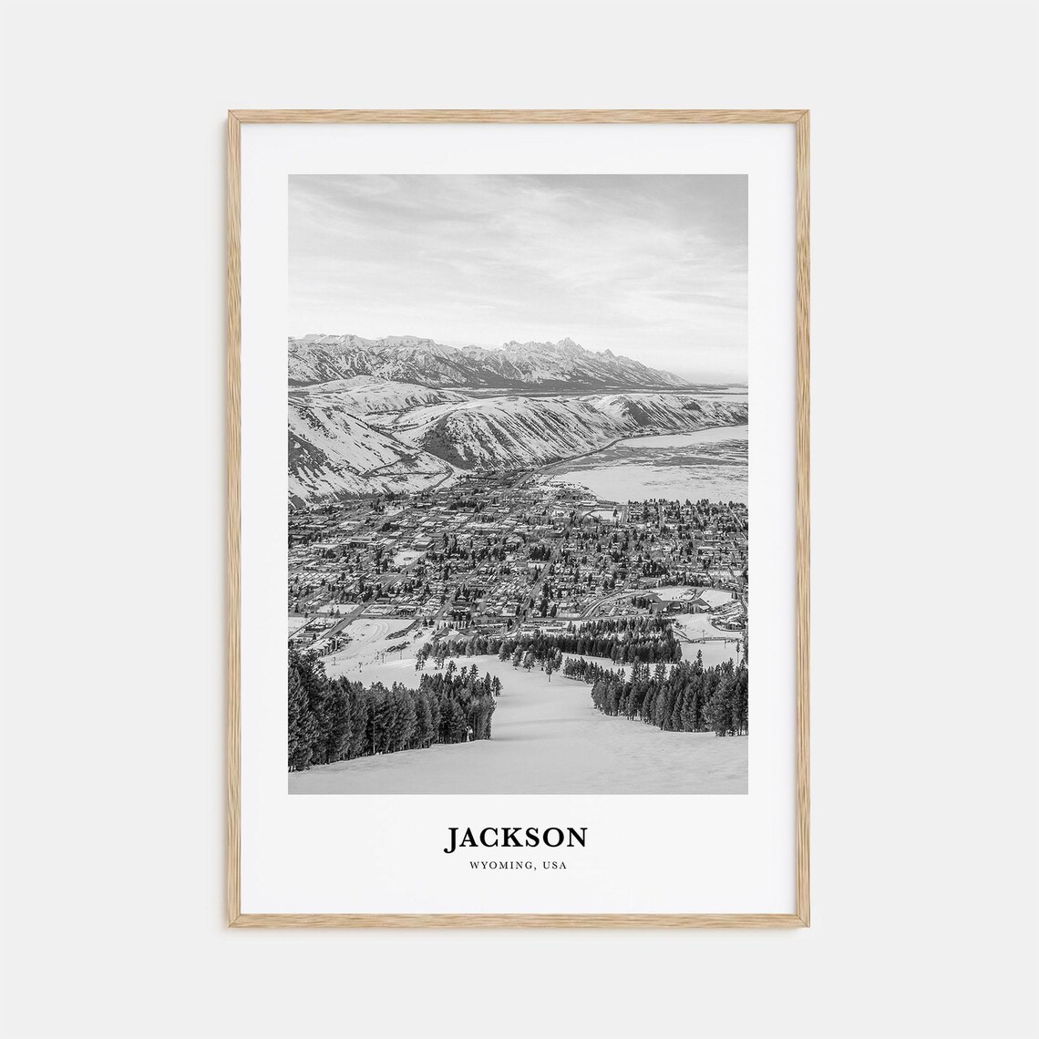 Jackson Wyoming Black and White Aerial Mountain Town Photo Print