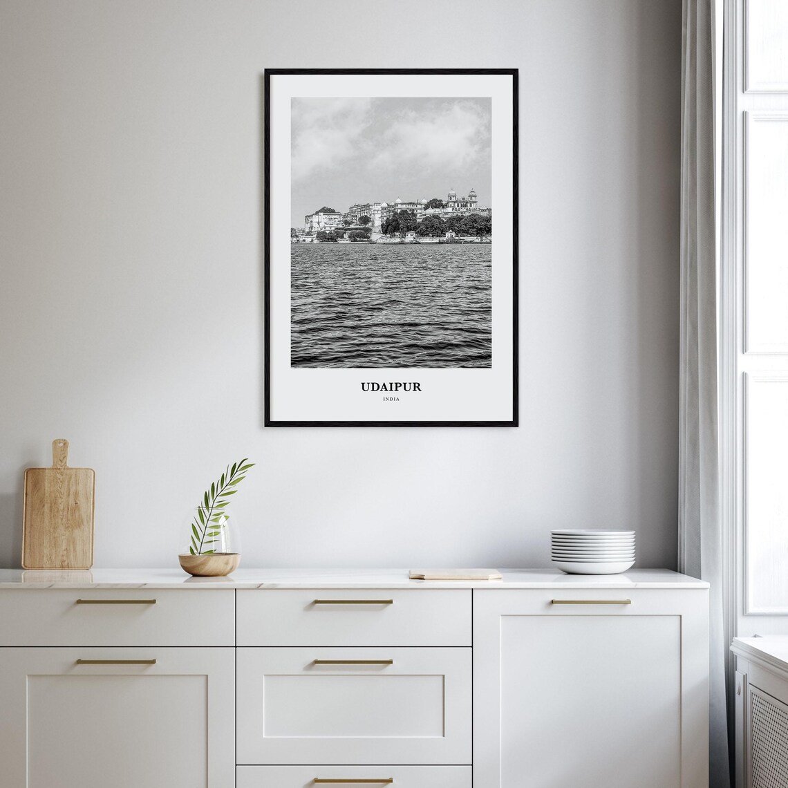 Udaipur India Lakeside Palace Skyline Black and White Poster - Image 2