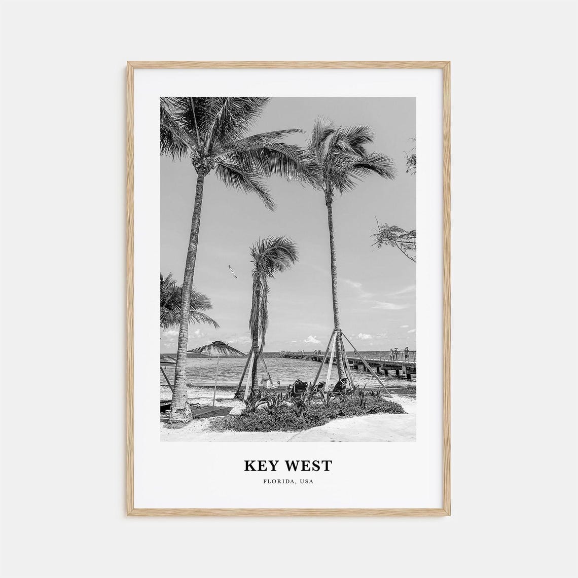 Key West Florida Black and White Palm Trees Ocean Pier Poster