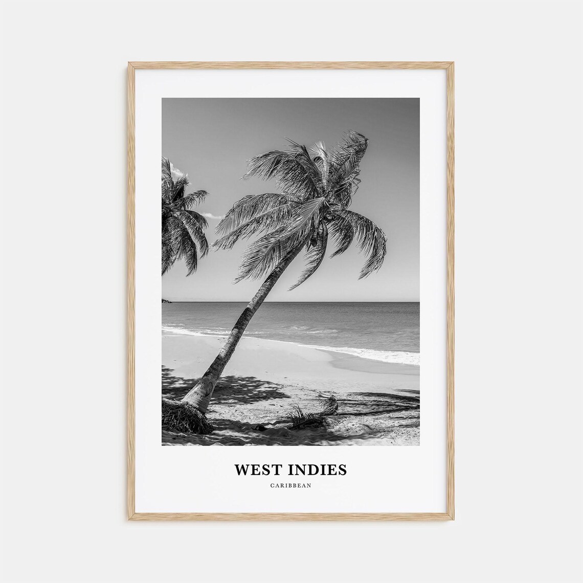 West Indies Caribbean Leaning Palm Trees On Beach Black White Poster