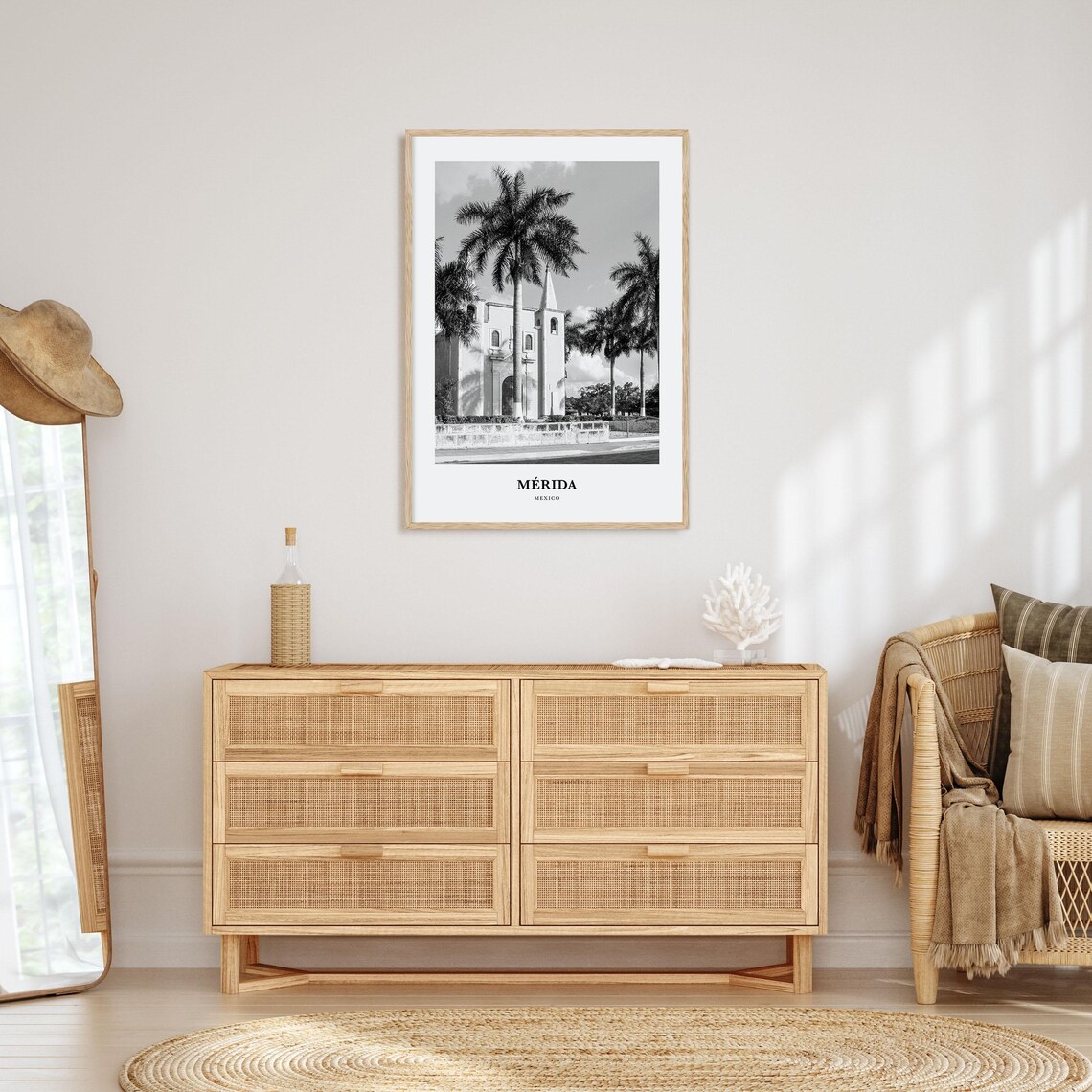 Merida Mexico Colonial Church Palm Trees Black And White Poster - Image 3