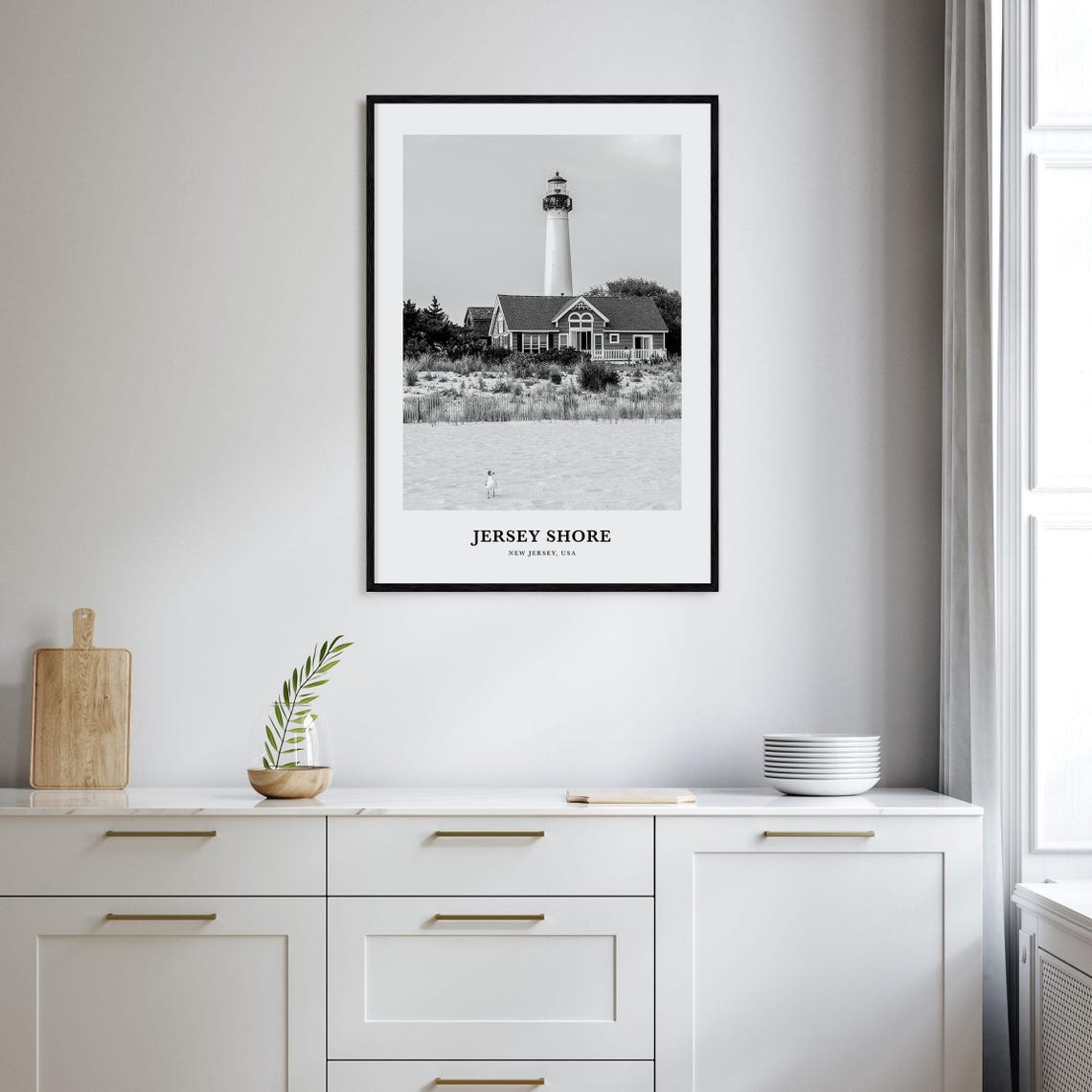 Jersey Shore Black and White Cape May Lighthouse Beach Poster - Image 2