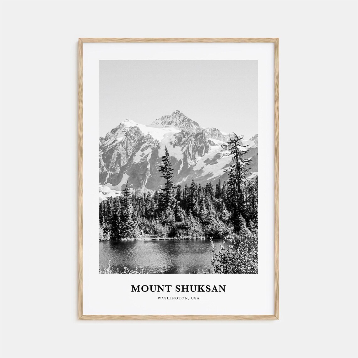 Mount Shuksan Washington Snow Peak Lake Forest Black And White Poster