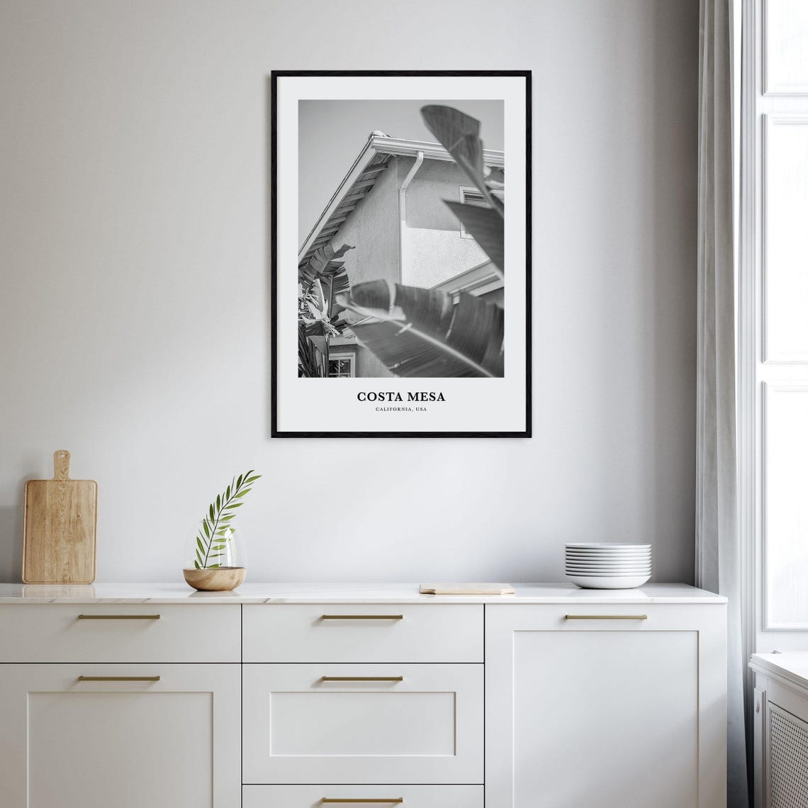 Costa Mesa California Palm Leaves Architecture Black White Poster - Image 2