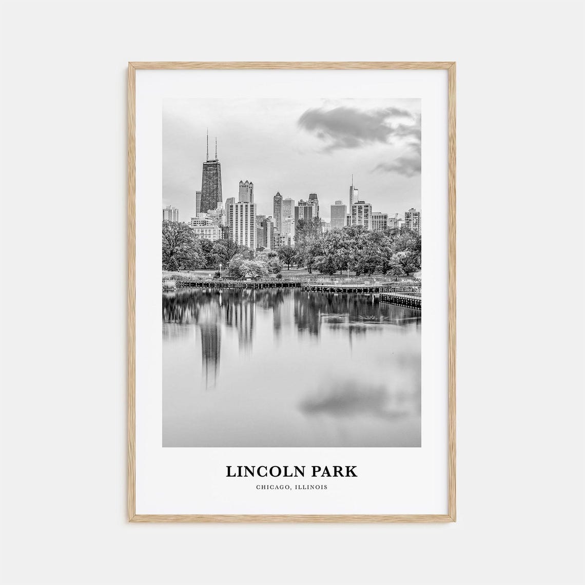 Lincoln Park Chicago Skyline Lake Reflection Black White Poster