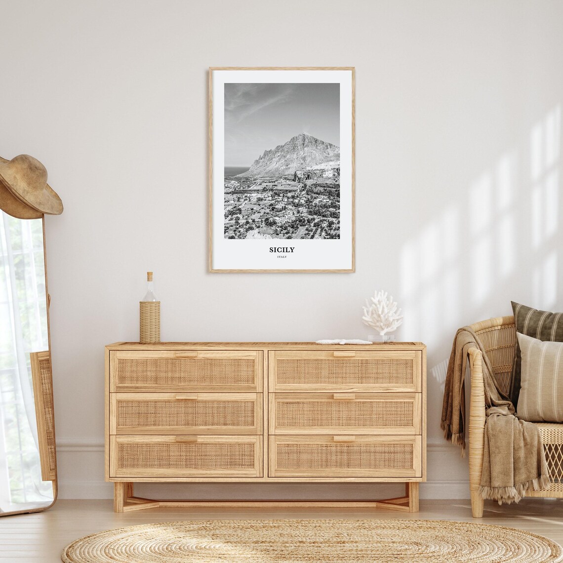 Sicily Italy Mountain Coast Landscape Black and White Travel Poster - Image 3