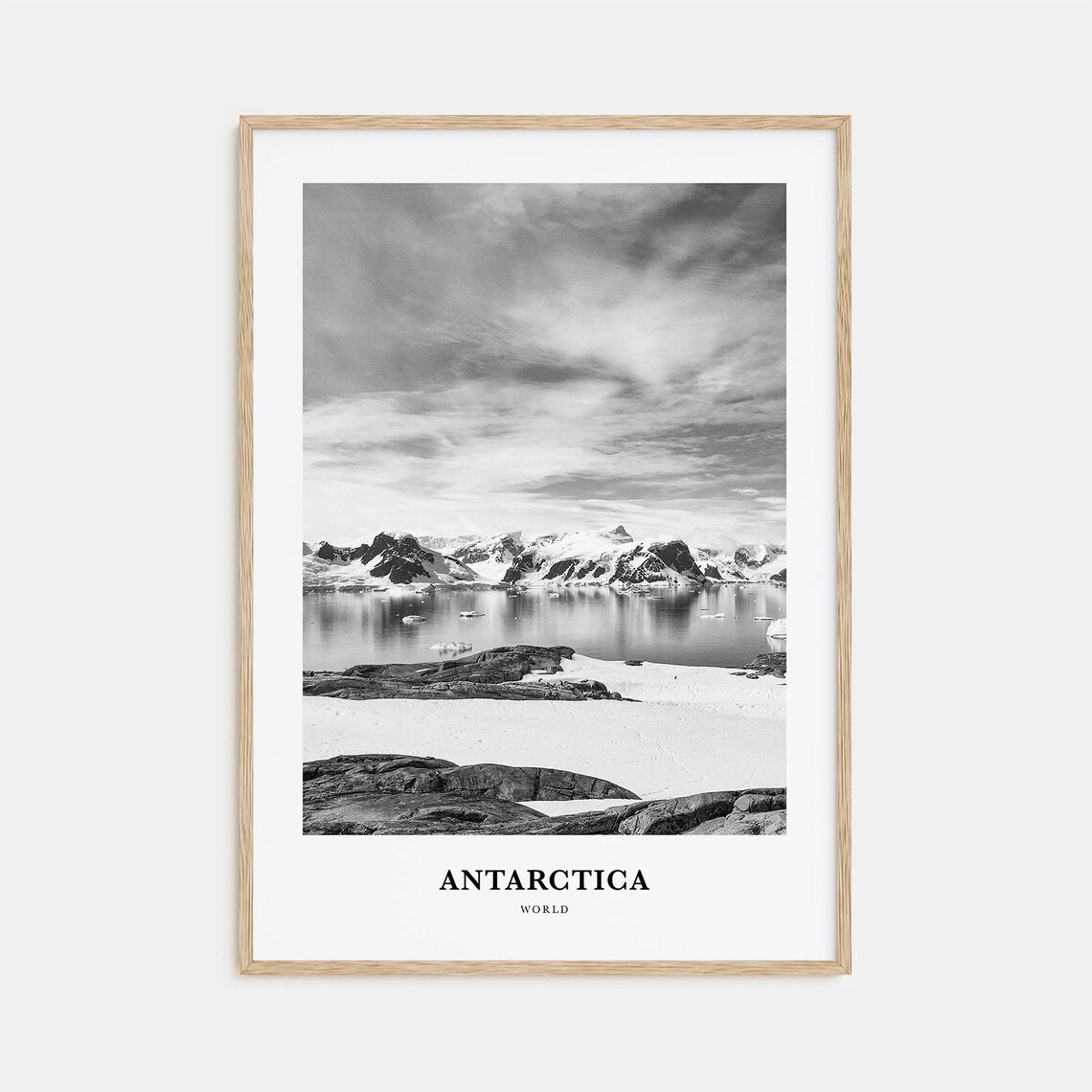 Antarctica Snowy Mountain Peaks Icy Waters Black White Travel Poster