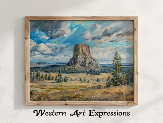 Devils Tower Wyoming Stormy Sky Oil Painting Landscape Poster
