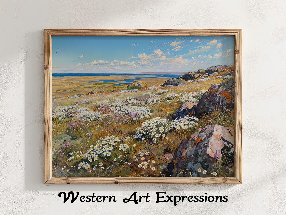 Coastal Wildflower Meadow Rocky Landscape Vintage Painting Poster