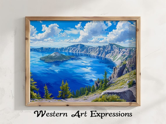 Crater Lake Oregon Wizard Island Deep Blue Watercolor Poster