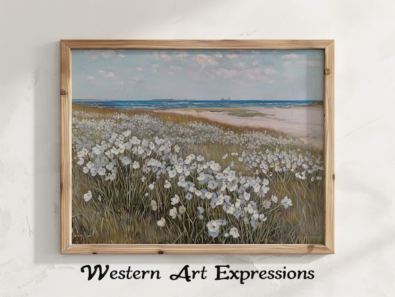 Beach Wildflower Meadow Ocean View Vintage Coastal Landscape Poster