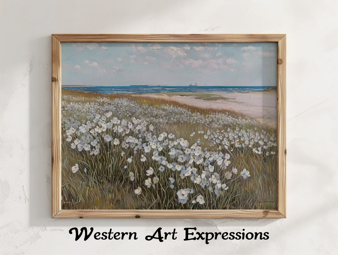 Beach Wildflower Meadow Ocean View Vintage Coastal Landscape Poster