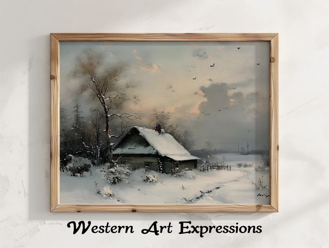 Snow Covered Cabin in a Winter Forest Vintage Style Landscape Poster
