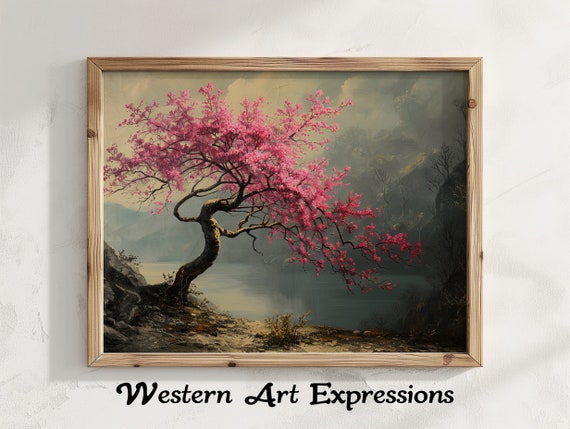 Vintage Tree Painting Cherry Blossom Canvas Print Pink Wall Art Nature Landscape Poster Home Decor Floral Scenic