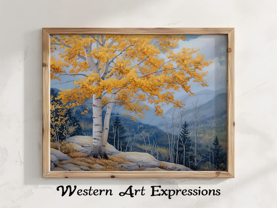 Golden Aspen Birch Tree Autumn Mountain Valley Painting Wall Art