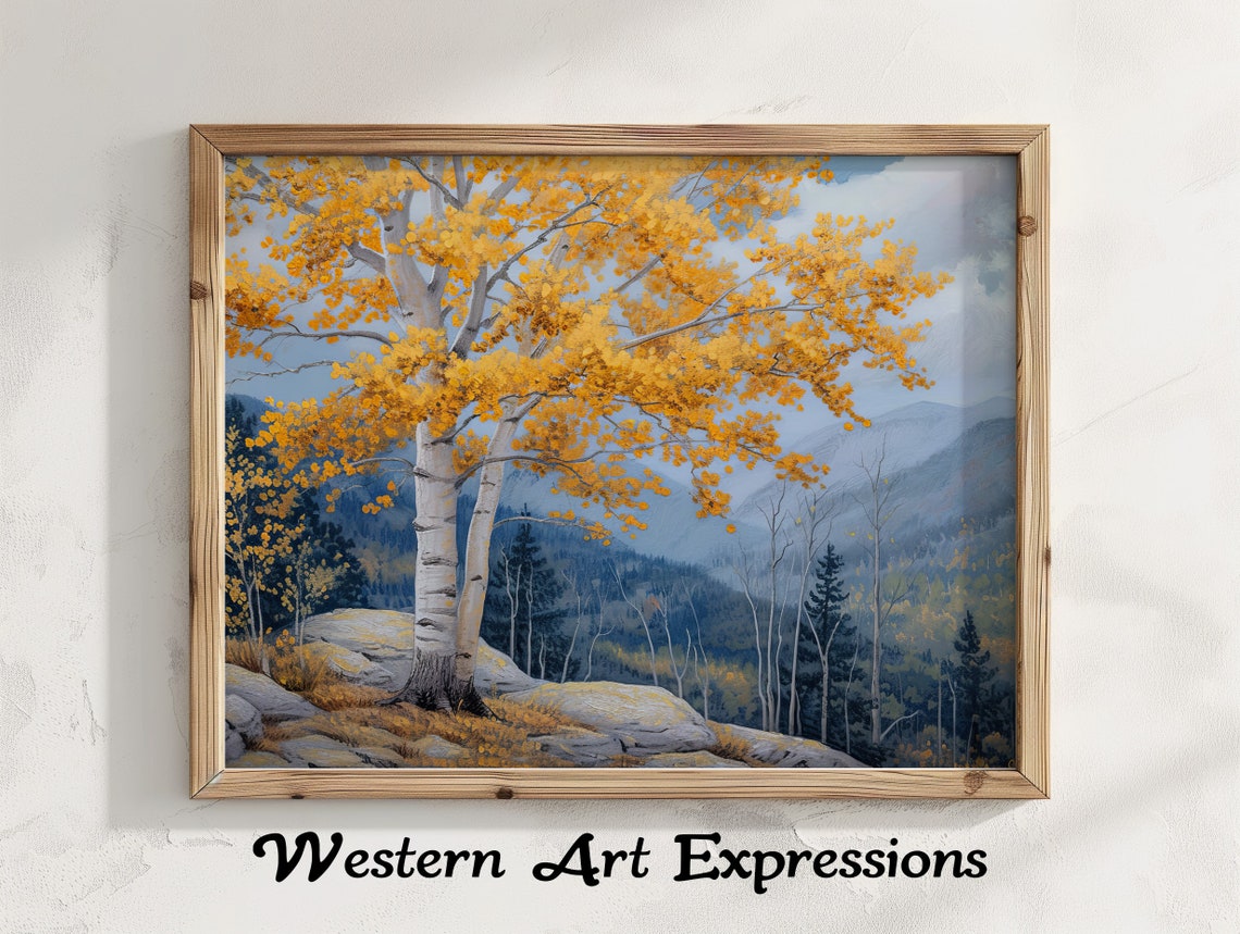 Golden Aspen Birch Tree Autumn Mountain Valley Painting Wall Art