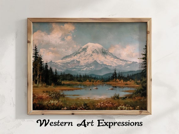 Vintage Painting Of Mt Rainer Mountain Landscape Print Rustic Wall Art Nature Scenery Decor Cabin