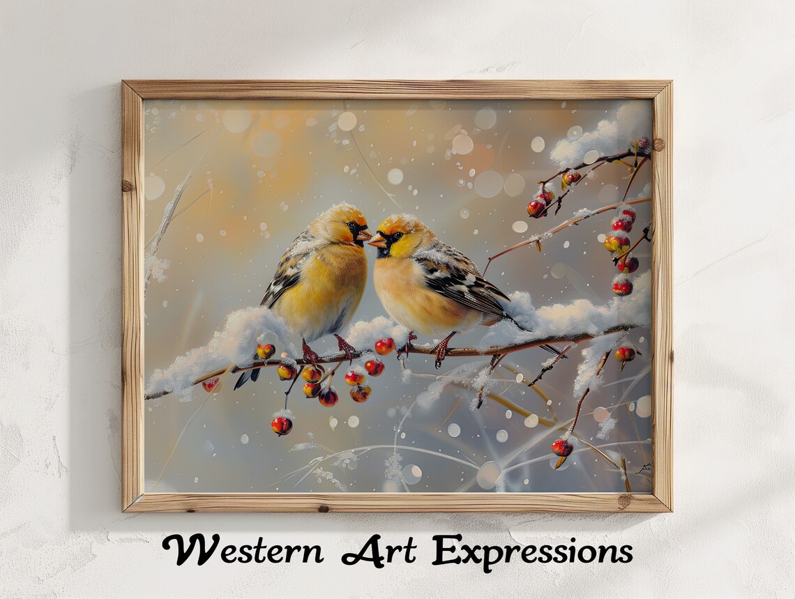 Two Goldfinches On Snowy Berry Branch Winter Bird Painting Print