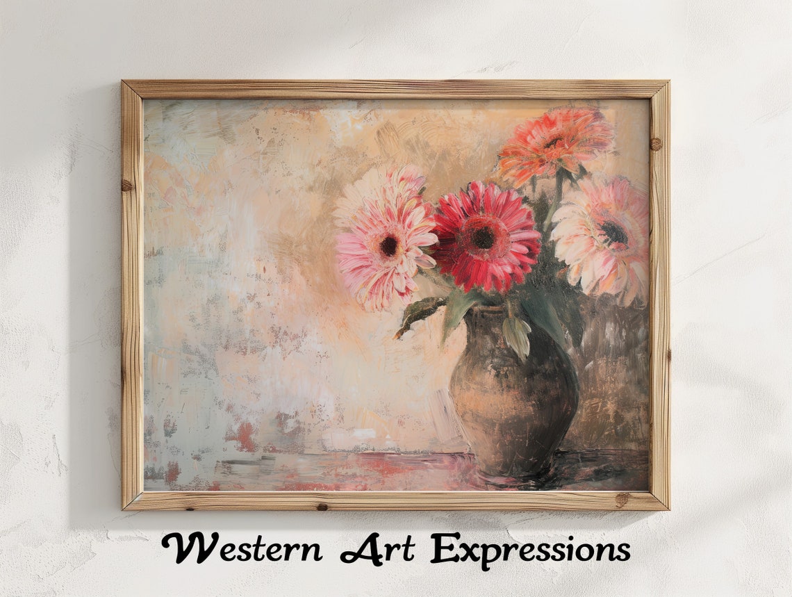 Gerbera Daisies In Vase Oil Painting Abstract Floral Canvas Art Modern Flower Wall Decor Impressionist Daisy