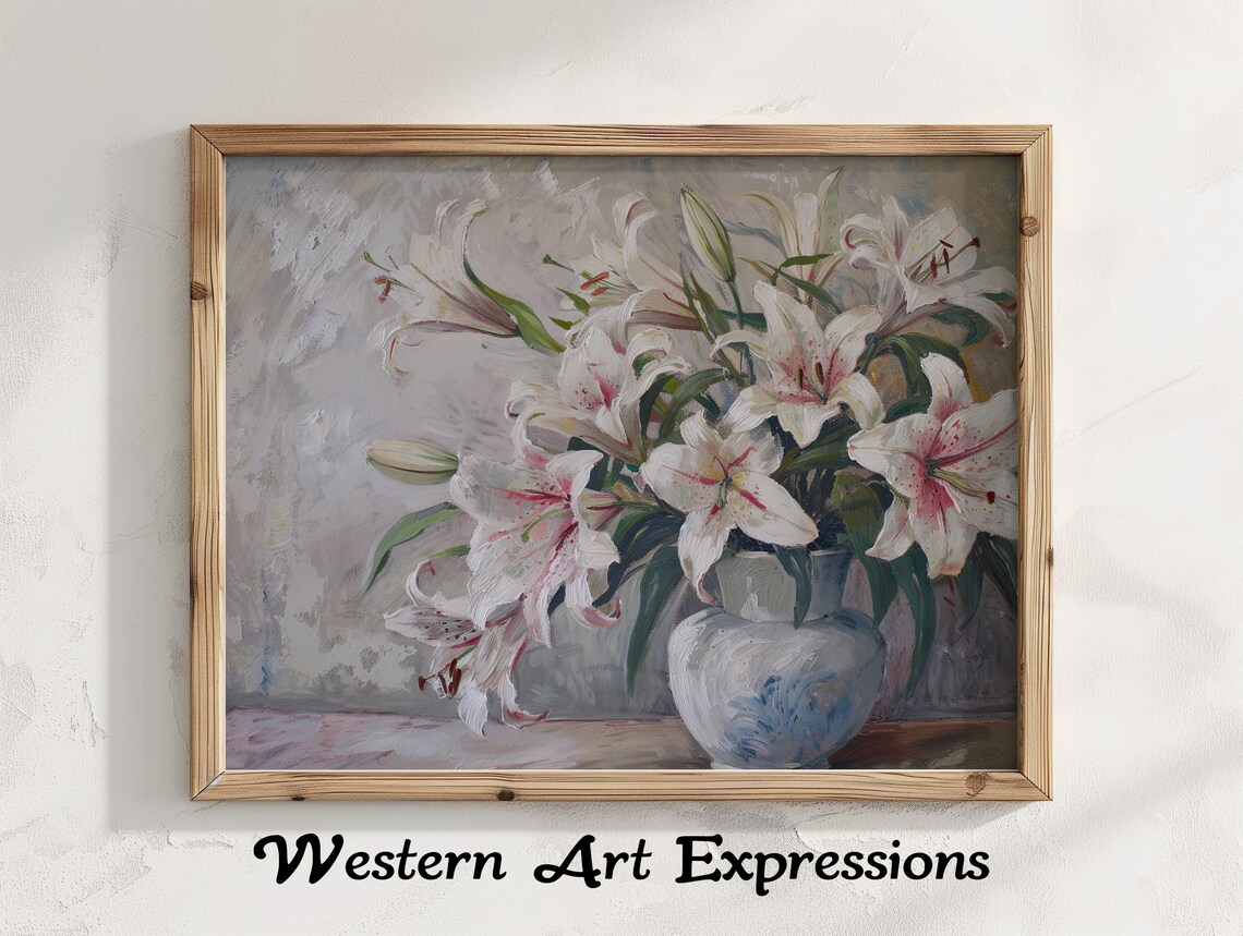 White Lilies Oil Painting Blue Vase Classic Floral Art Poster