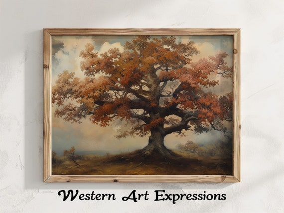 Lone Red Oak Moody Painting Vintage Tree Rustic Wall Art Landscape Print Nature Home Decor Autumn Scenery Artwork