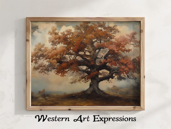 Lonely Red Oak Tree Autumn Landscape Moody Oil Painting Nature Poster
