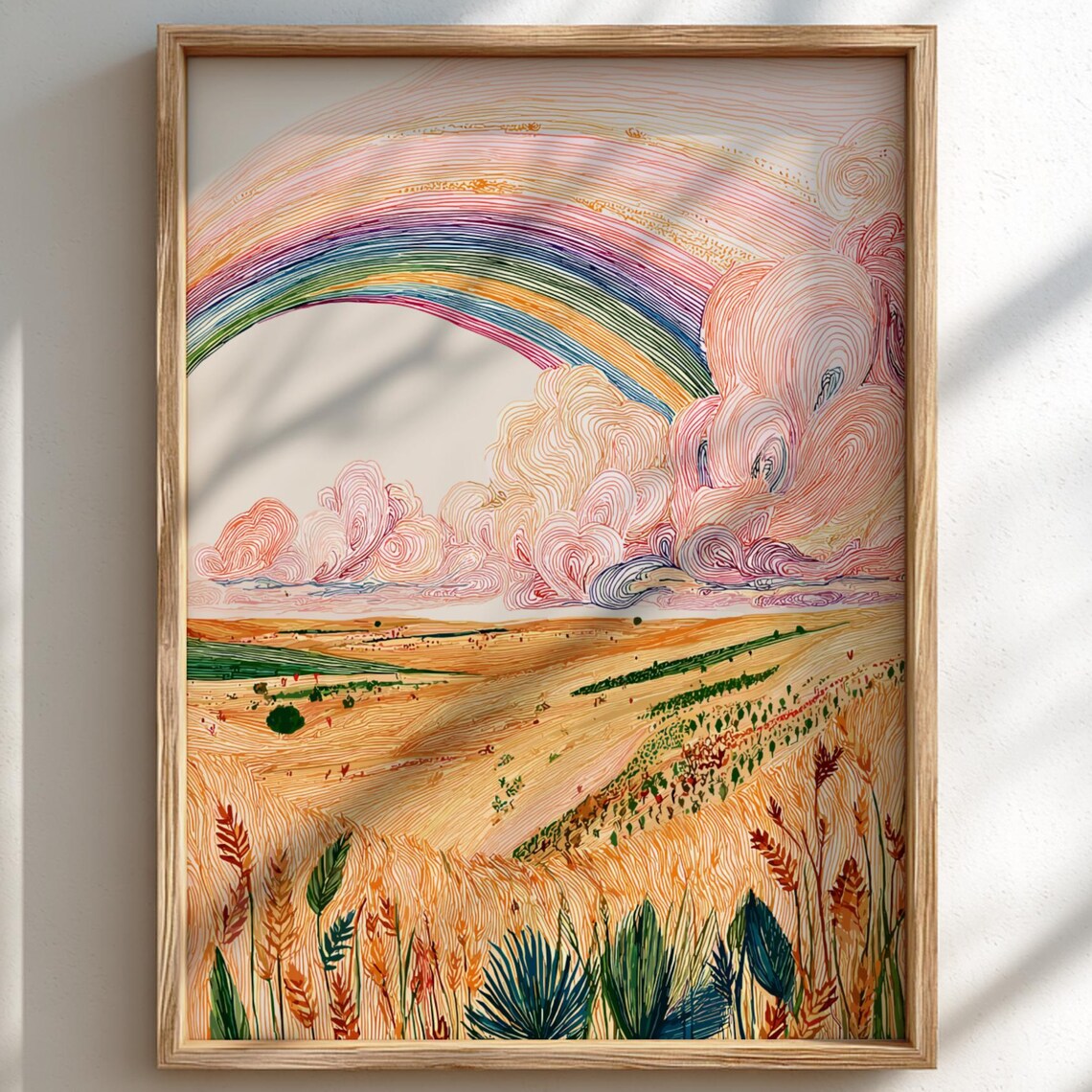 Rainbow Over Golden Wheat Field Pastel Line Art Landscape Poster