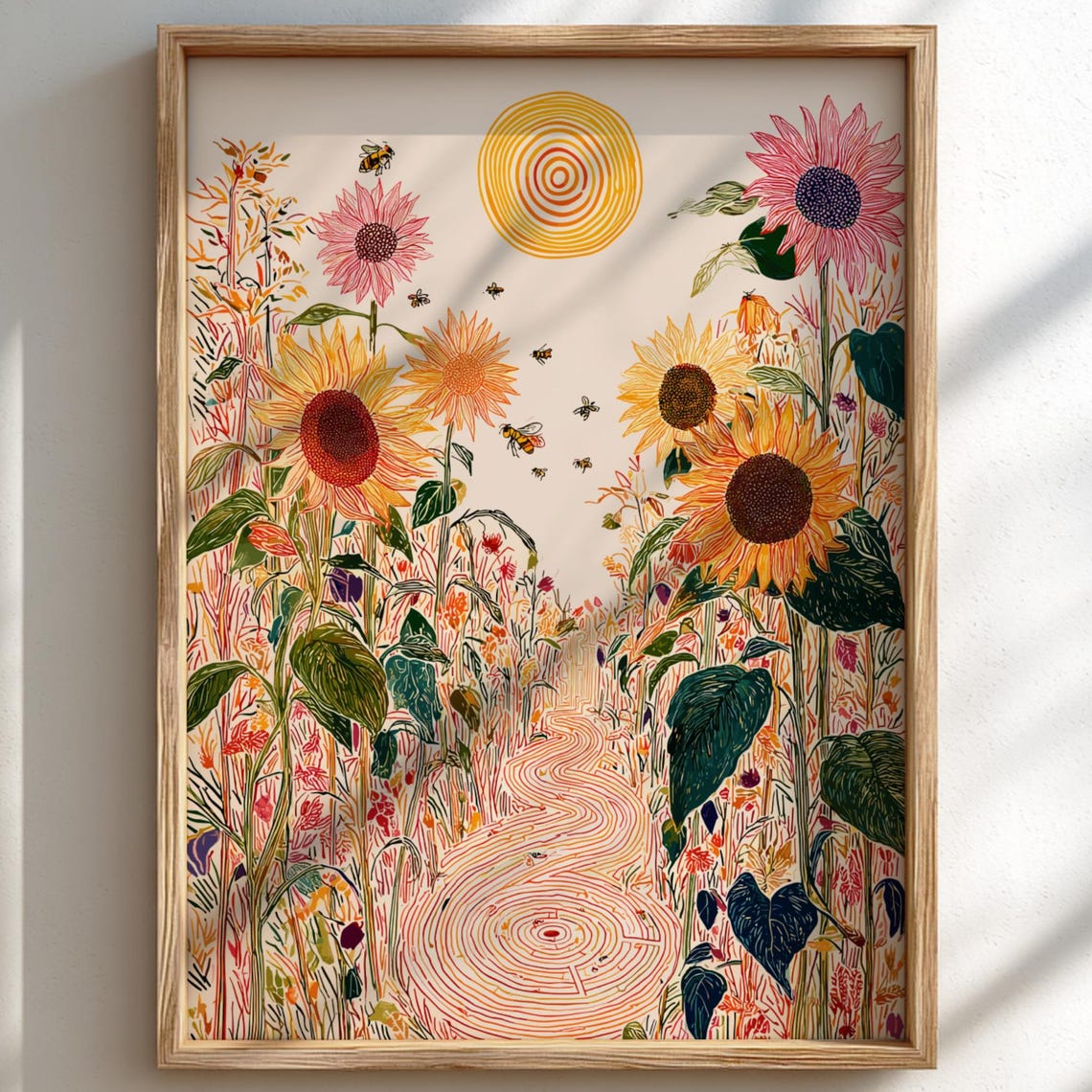 Sunflower Enigma Whimsical Bee Garden Spiral Sun Line Art Poster