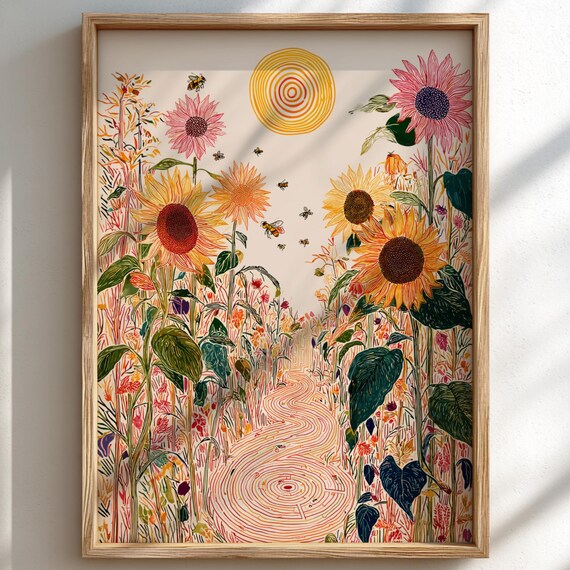 Sunflower Enigma Whimsical Bee Garden Spiral Sun Line Art Poster