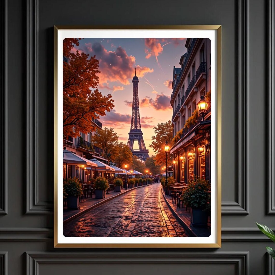 Paris Eiffel Tower Sunset Cobblestone Street Cafe Painting Poster