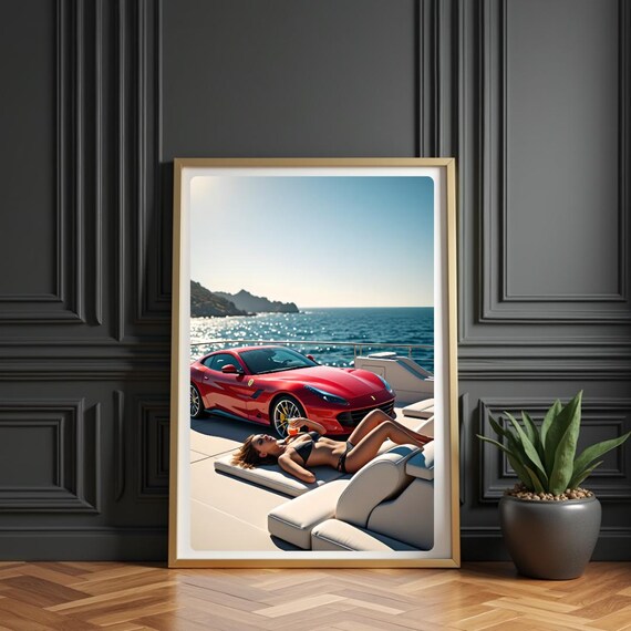 Red Ferrari Sports Car Woman Sunbathing on Luxury Yacht Poster