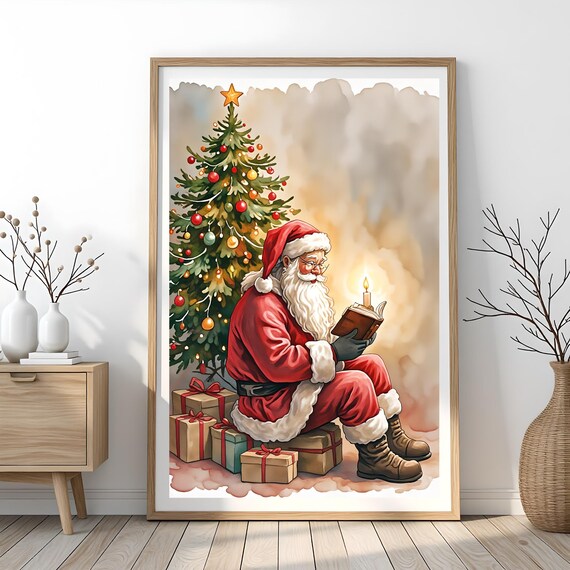 Vintage Santa Claus Reading Christmas Tree Candlelight Watercolor Poster
