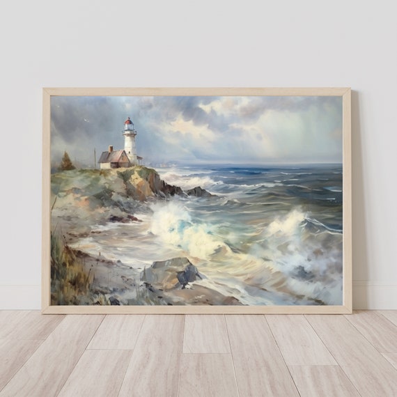 Vintage Lighthouse Landscape Painting Moody Coastal Seascape Print Clouds And Waves Printable Beach House Wall Art